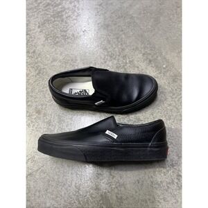 Vans Classic Slip On Shoes Custom Black Leather Mens Size 5 Womens 6.5 Rare